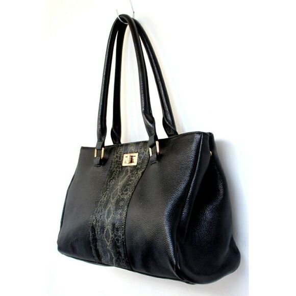 LRG ERICA ANENBERG BLACK GENUINE LEATHER TURN LOCK SATCHEL SHOULDER BAG HANDBAG - Picture 4 of 12